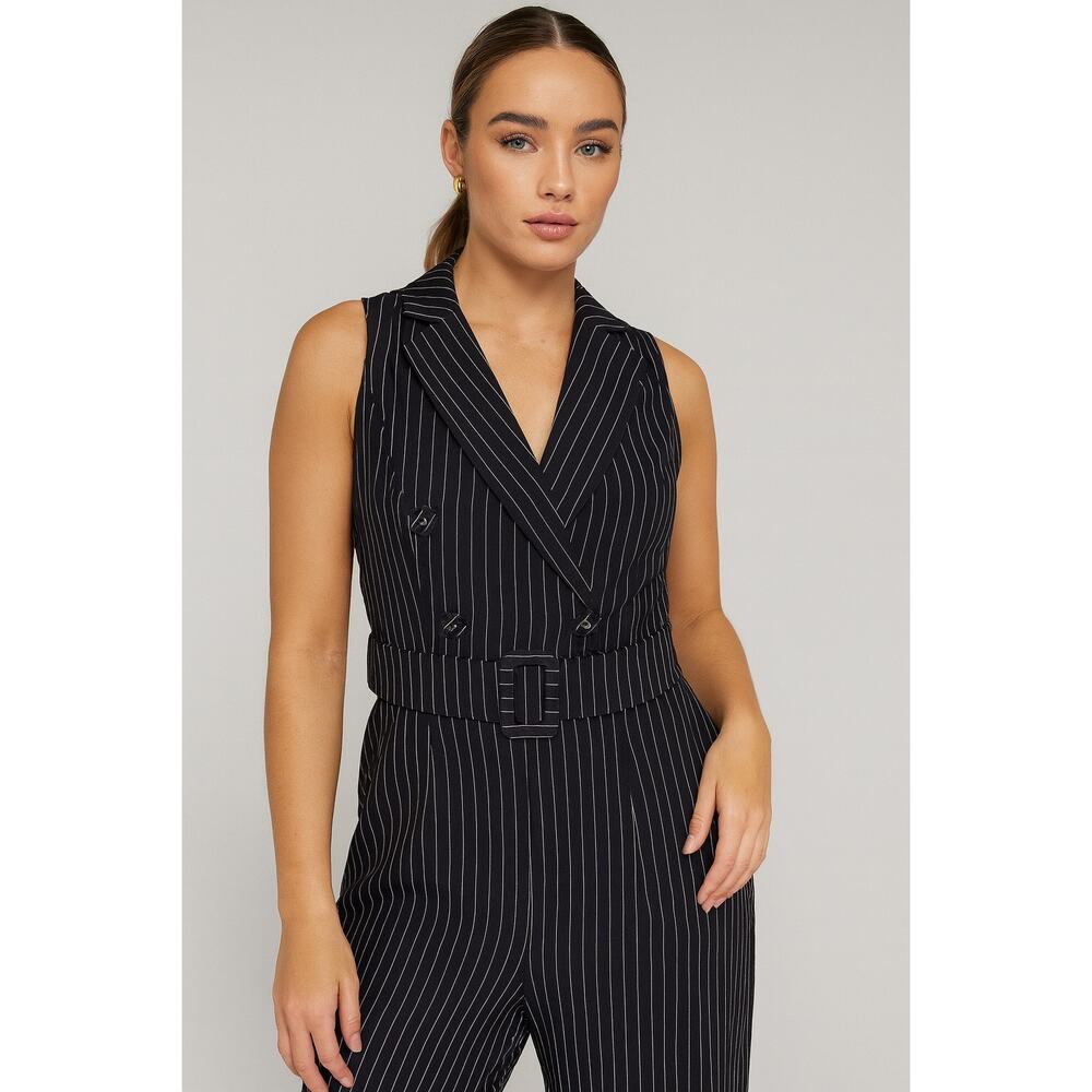 Sleeveless Pinstripe Belted Jumpsuit